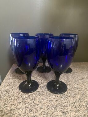 Vintage Cobalt Blue Water Goblets - Set of 5